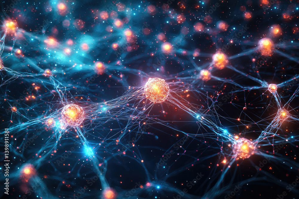 Poster Abstract representation of a neural network, showcasing interconnected nodes and glowing energy pathways.
