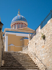 Street with a church in the background