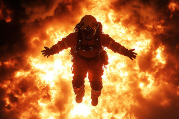 Brave firefighter flying towards huge fire inferno wearing protective gear