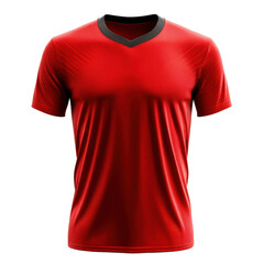 Red shirt on a black background. Clothing design. Sports shirt with black collar. Sport jersey. Fabric texture and design.