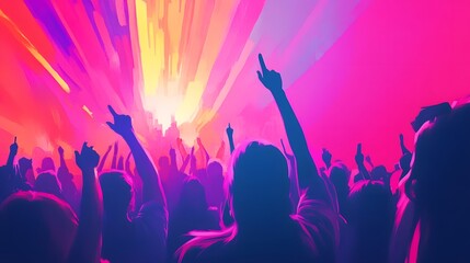 An energetic crowd enjoying a vibrant concert under bright lights, with arms raised in the air