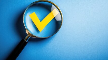 Verification checkmark under magnifying glass business office digital image blue background close-up concept of validation