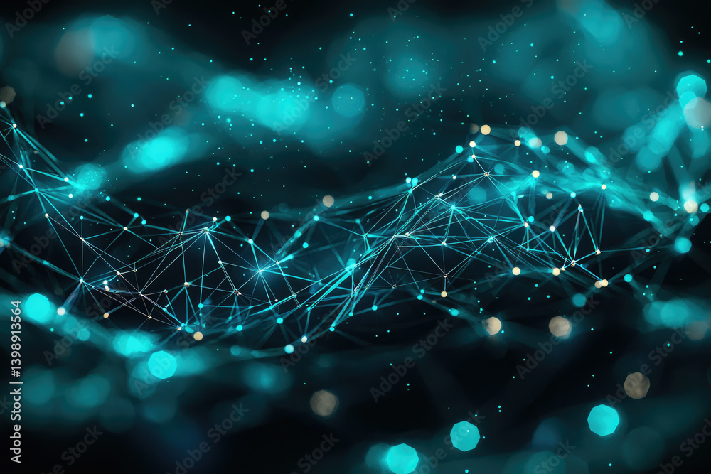 Poster Abstract digital network connection, glowing teal nodes and lines forming a wave pattern in dark space.