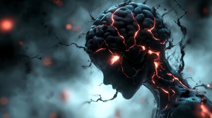 A surreal silhouette with fiery, crackling veins and glowing eyes, blending bio-organic forms with an aura of eerie energy.