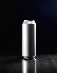 Fototapeta premium Sleek aluminum beverage can on reflective surface against dark background
