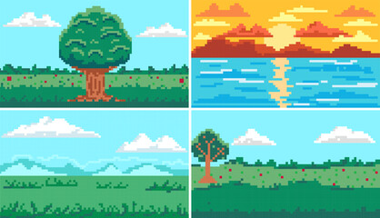 Landscape pixel art  set. Retro game 8 bit  design background. Vector illustration