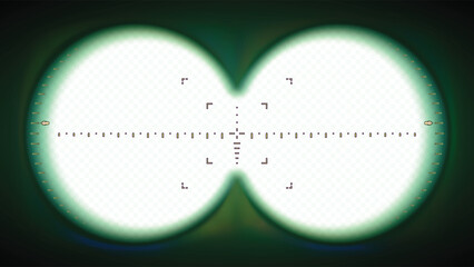 Night vision binocular viewfinder POV frame. Binocular aim sight overlay, spy view and look through the lenses of binoculars vector illustration