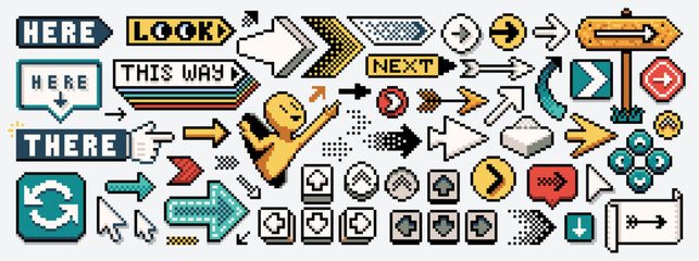 Pixel art arrows. Retro 8-bit arrow pointers, cursor pointer icons, direction signs, pointing hand gesture, keyboard arrow keys and gamepad cross buttons. Pixelated navigation game UI vector set © fim.design