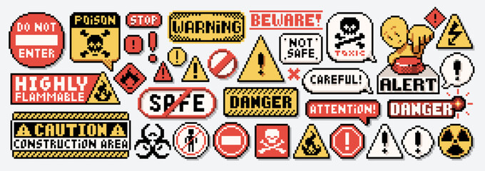 Pixel art warning signs. Pixelated caution labels, danger symbols and alert icons in retro 8-bit video game style. Safety sign vector icons set