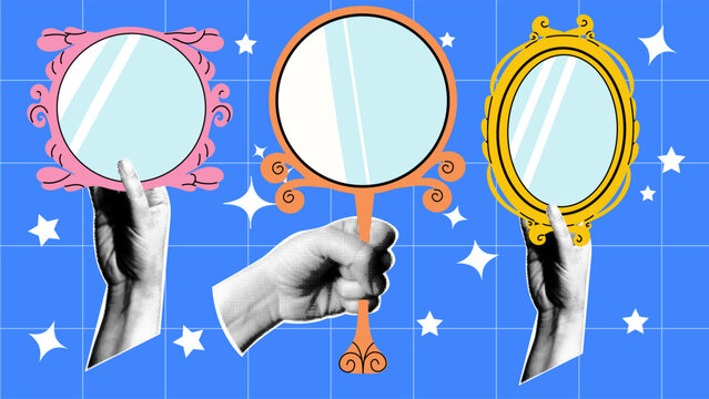 Halftone hands holding ornate vintage mirrors with different styles and colors on blue grid background with stars. Collage with different elements.