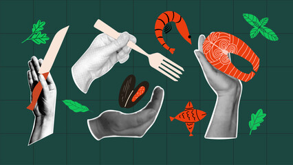 Retro collage with halftone hands and seafood, fork and knife. Set of graphic vintage design elements with salmon, shrimp and mussel.