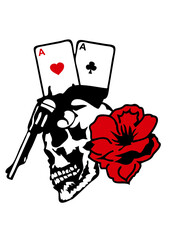 Tete de mort poker as pistolet arme fleur rose tattoo tatouage
