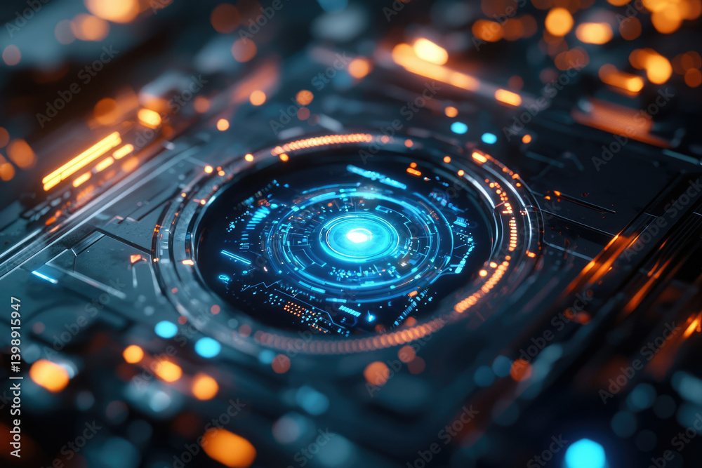 Poster Futuristic technology interface with glowing blue and orange lights, showcasing intricate circuitry and a central digital display.