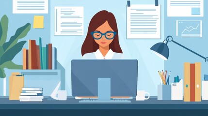 A young woman secretary working at the computer in office. workflow process. administrative administration. business administration.