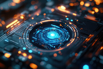 Futuristic technology interface with glowing blue and orange lights, showcasing intricate circuitry and a central digital display.