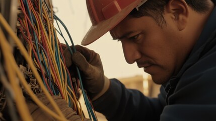 Fototapeta premium A Hispanic construction worker inspecting electrical wiring at a construction site. Featuring precision and problem-solving