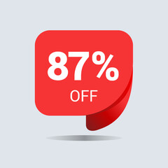 87% off discount, eighty seven percent chat balloon. Special offer sale red tag. Concept of the price list for discounts. Advertising campaign, sales, label offer. Vector illustration.