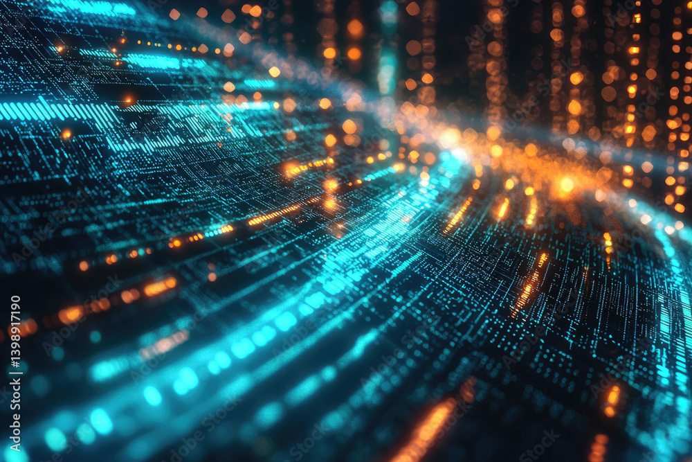 Poster Abstract digital data stream visualization with glowing blue and orange particles flowing across a dark background.