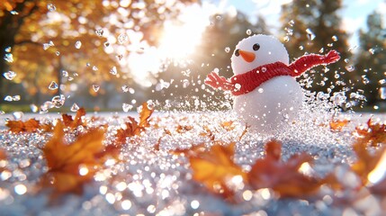 Playful snowman in autumn rain