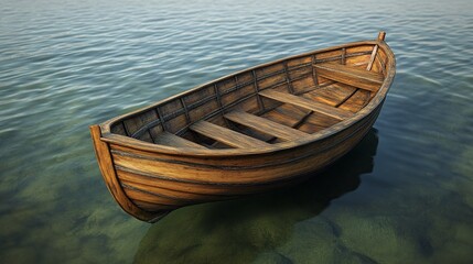 Obraz premium Wooden rowboat floats on calm water surface a peaceful serene scene.