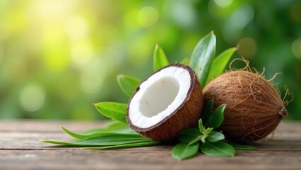 Halved coconut, fresh leaves, a taste of the tropical beauty.