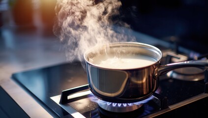 A steaming pot of milk boiling on a modern stove.