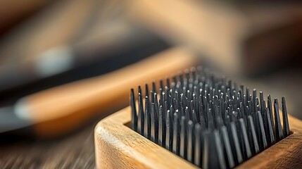 Close-up of a wooden grooming comb with fine bristles on a rustic wooden table, showcasing craftsmanship