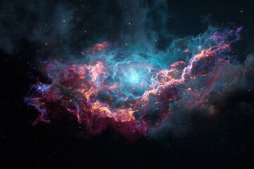 A vibrant cosmic nebula in deep space, showcasing swirling pink and blue colors with stars shining brightly.