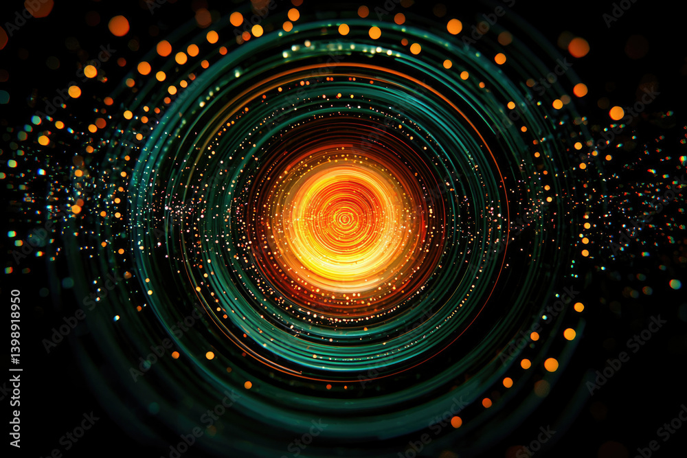 Poster abstract swirling vortex of light and energy, vibrant orange and teal concentric circles with glitte