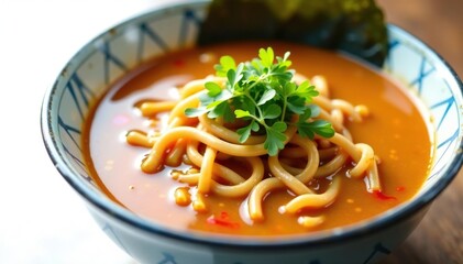 Close-up of ramen bowl on white, broth, noodles, toppings , food, ramen