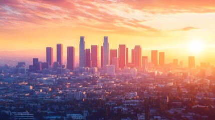 Fototapeta premium a breathtaking aerial view of a modern city skyline at sunset. The sky is ablaze with fiery colors, and the tall buildings stand tall against the glowing backdrop.