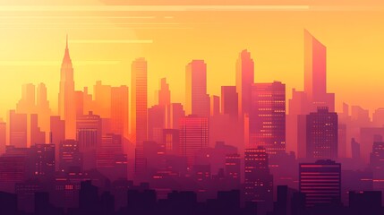 Obraz premium a beautiful urban cityscape at sunset, with tall skyscrapers silhouetted against the warm, golden hues of the sky