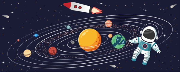 Solar System Educational Background &ndash; Cartoon Planets, Rocket, Astronaut and Orbit Lines in Space Illustration for Kids and Science Projects