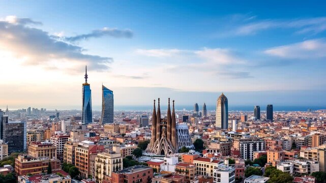 Aerial wide shot city panorama of Barcelona with modern and traditional architecture of urban landscape. Sagrada Familia church is in centre