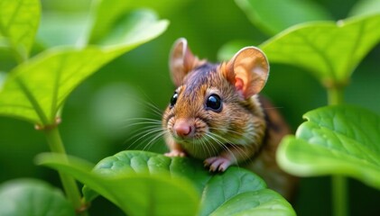 Tiny harvest mouse head, whiskers twitching, peeking through green leaves , spring, camouflage