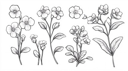 Vector Outline of Delicate Forget-Me-Not Flowers and Buds