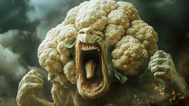 A monstrous cauliflower creature roars in a fiery apocalyptic landscape, its rage palpable in the dramatic lighting and textured detail.