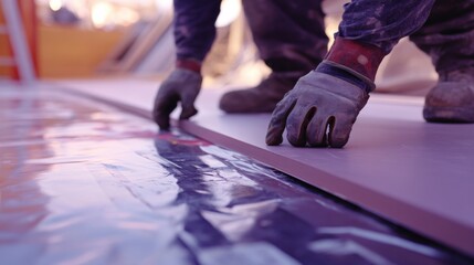 Fototapeta premium A Hispanic construction worker installing drywall at a construction site. Featuring craftsmanship and precision