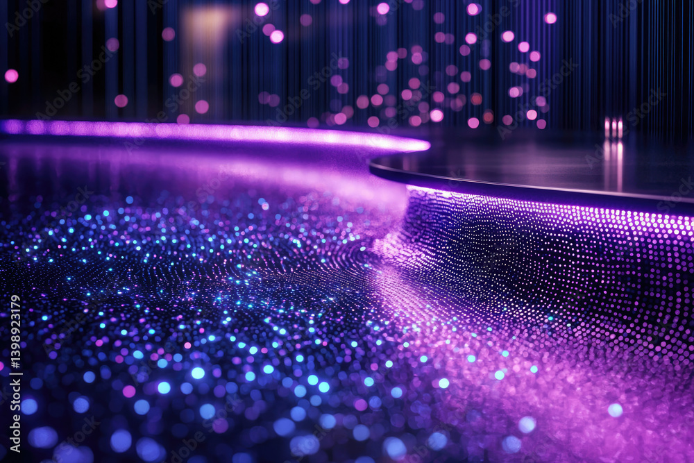 Poster abstract purple and blue illuminated surface with bokeh effect, creating a futuristic and dreamy atm