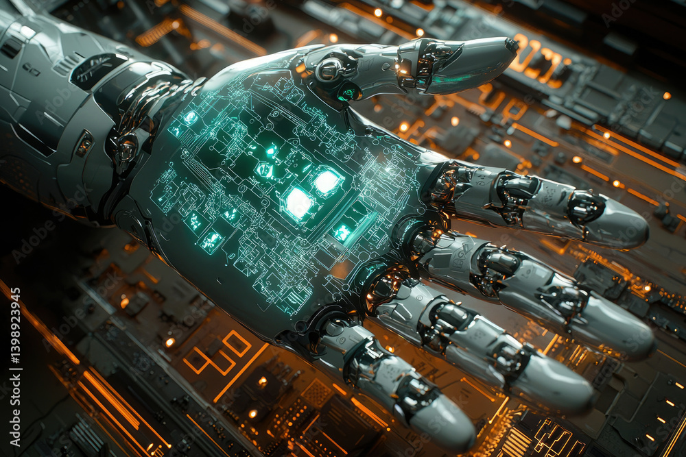Aufkleber a robotic hand with glowing circuitry rests on a circuit board, showcasing advanced technology and i