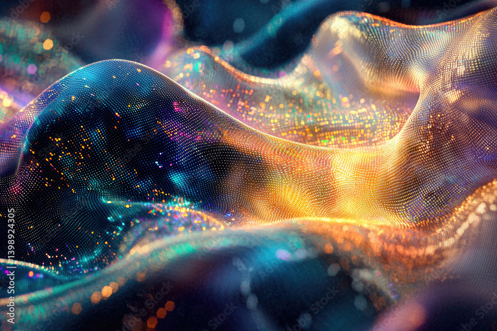 Poster abstract iridescent digital wave, glowing particles forming a dynamic, flowing landscape.