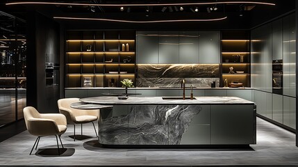 Modern Gray Green Kitchen Island Marble Countertop Design