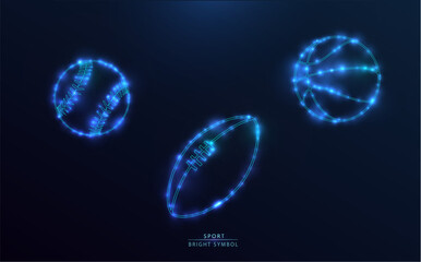 Futuristic illustration of three glowing sports balls with neon blue effect on a dark background: baseball, American football, and basketball. Bright digital design perfect for sports and tech themes.