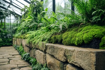 Obraz premium Close-up of lush moss growing on a stone wall inside a greenhouse, intricate textures and deep green tones