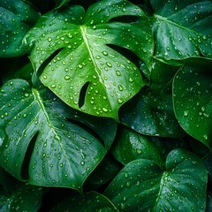 Fototapeta premium Close-up of vibrant green monstera leaves with natural water droplets, intricate vein details visible 
