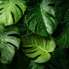 Fototapeta premium Close-up of vibrant green monstera leaves with natural water droplets, intricate vein details visible 