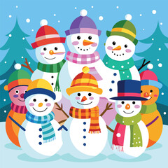 Merry xmas snowmen illustration with hat and scarf in a cold winter holiday season