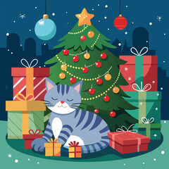 Winter holiday xmas illustration of a cartoon cat with a decorated green christmas tree and gifts