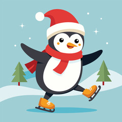 Cute cartoon Christmas penguin with santa hat and snowman in a snowy winter holiday illustration