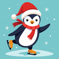 Cute cartoon Christmas penguin with santa hat and snowman in a snowy winter holiday illustration